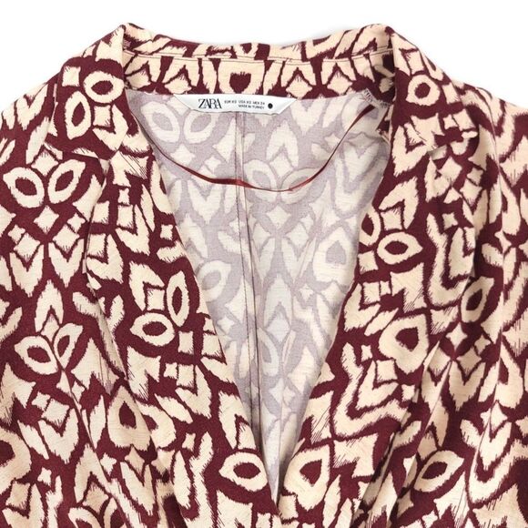 ZARA Linen Printed Wrap Blouse Crop Bell Sleeve Geometric Burgundy Cream XS - Picture 2 of 10